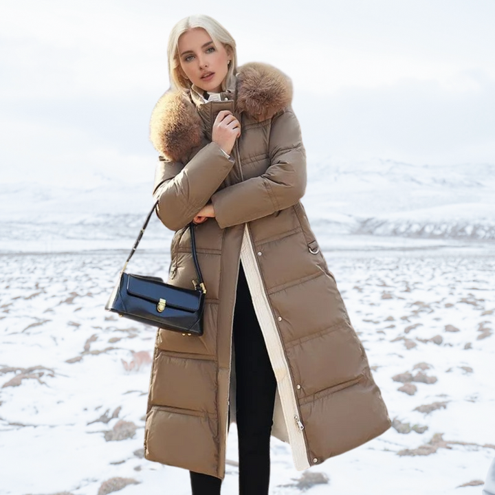 Long Faux Fur Coat with Quilted Puffer Insulation Fur-Trimmed Hood Matching Belt