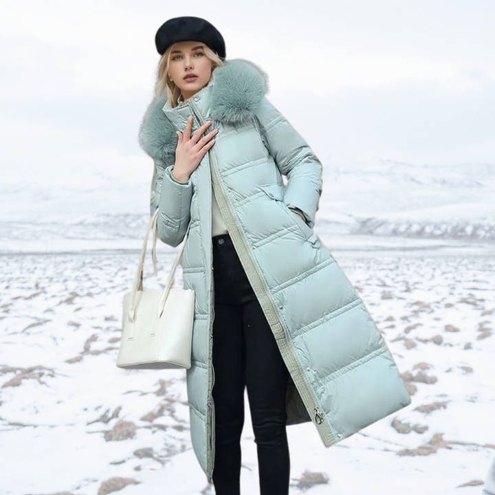 Long Faux Fur Coat with Quilted Puffer Insulation Fur-Trimmed Hood Matching Belt