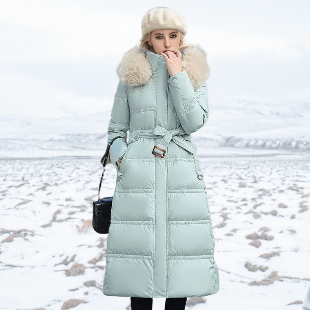 Long Faux Fur Coat with Quilted Puffer Insulation Fur-Trimmed Hood Matching Belt