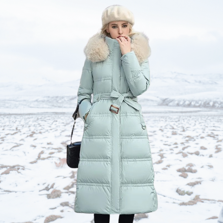 Long Faux Fur Coat with Quilted Puffer Insulation Fur-Trimmed Hood Matching Belt