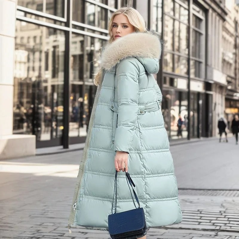 Long Faux Fur Coat with Quilted Puffer Insulation Fur-Trimmed Hood Matching Belt