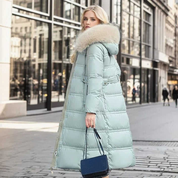 Long Faux Fur Coat with Quilted Puffer Insulation Fur-Trimmed Hood Matching Belt