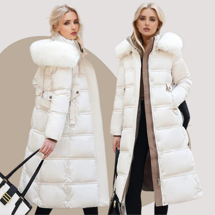 Long Faux Fur Coat with Quilted Puffer Insulation Fur-Trimmed Hood Matching Belt