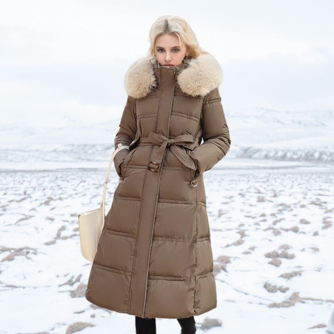 Long Faux Fur Coat with Quilted Puffer Insulation Fur-Trimmed Hood Matching Belt