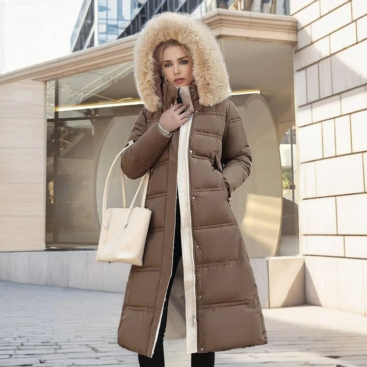 Long Faux Fur Coat with Quilted Puffer Insulation Fur-Trimmed Hood Matching Belt