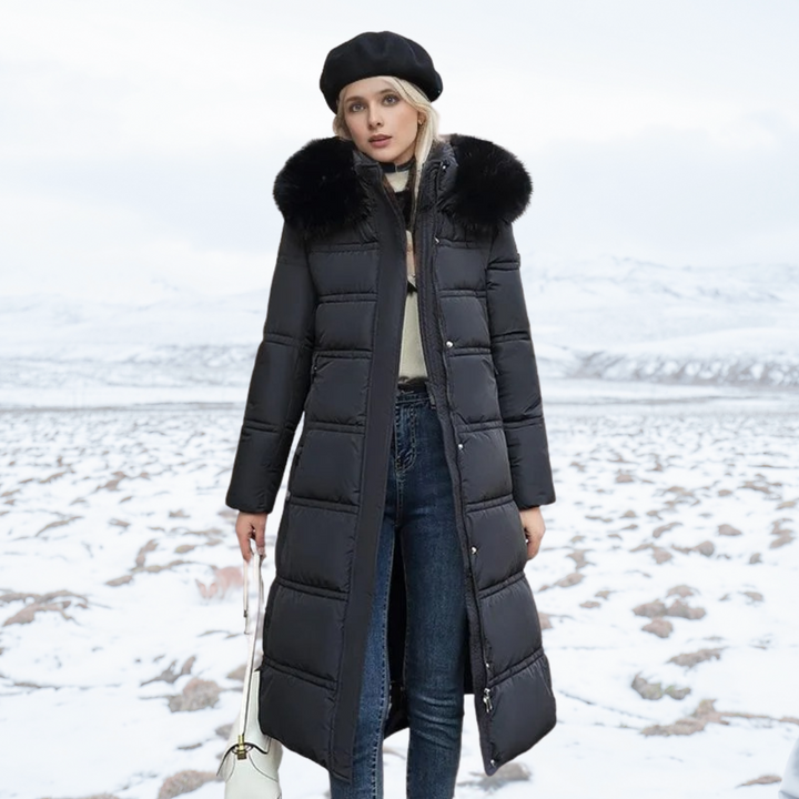 Long Faux Fur Coat with Quilted Puffer Insulation Fur-Trimmed Hood Matching Belt