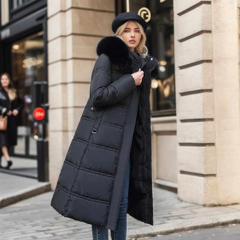 Long Faux Fur Coat with Quilted Puffer Insulation Fur-Trimmed Hood Matching Belt