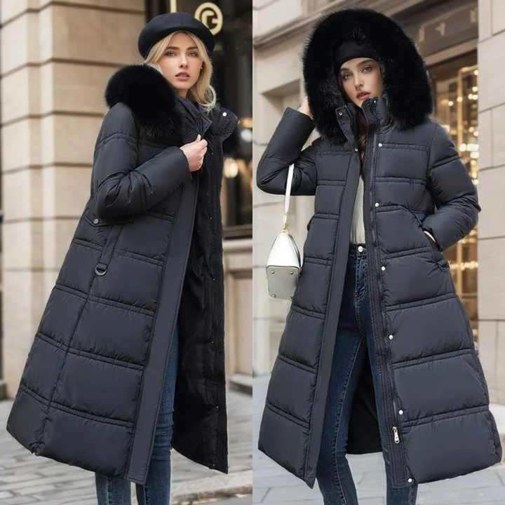 Long Faux Fur Coat with Quilted Puffer Insulation Fur-Trimmed Hood Matching Belt