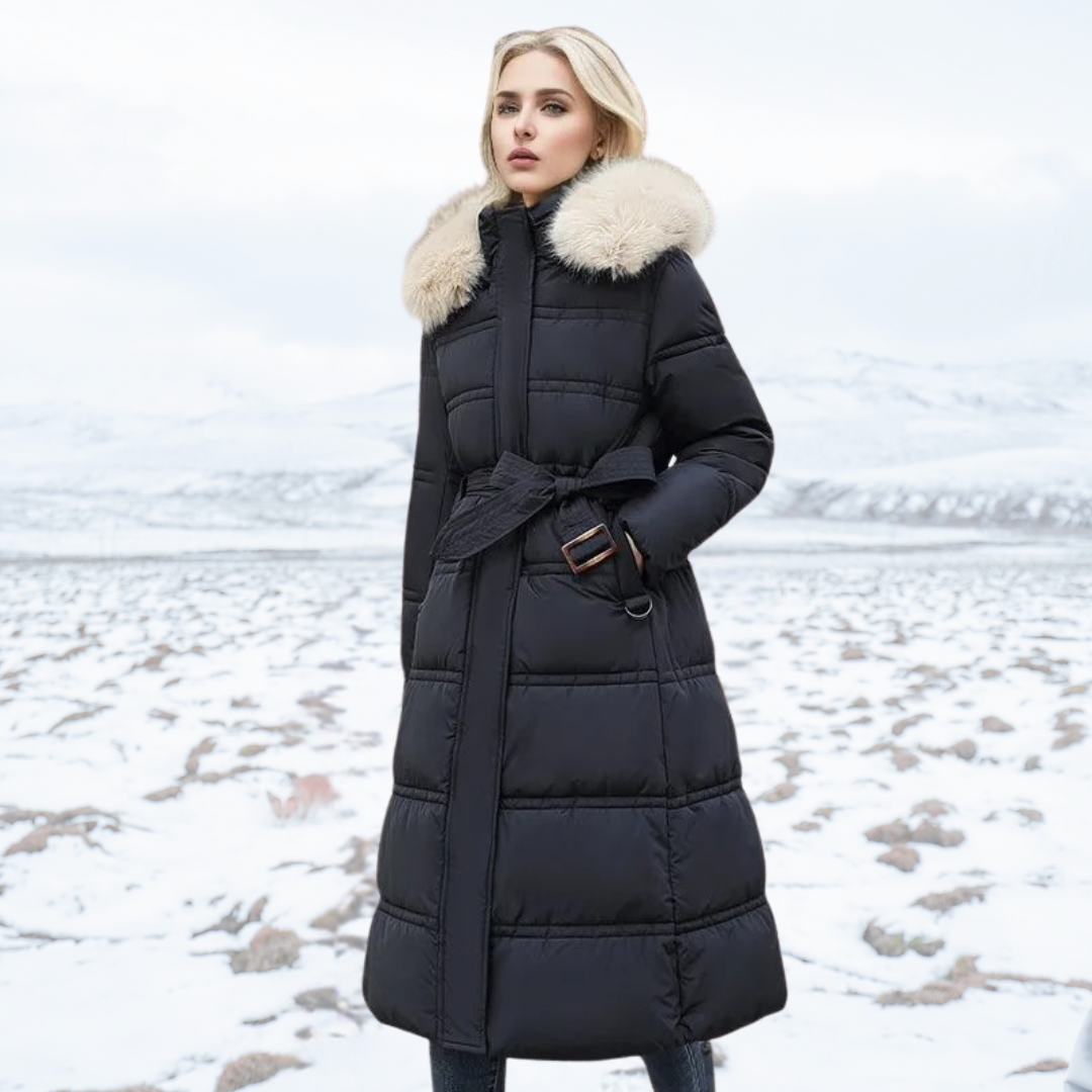 Long Faux Fur Coat with Quilted Puffer Insulation Fur-Trimmed Hood Matching Belt