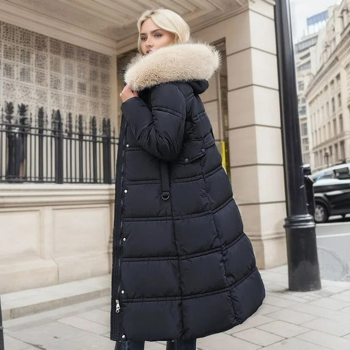 Long Faux Fur Coat with Quilted Puffer Insulation Fur-Trimmed Hood Matching Belt