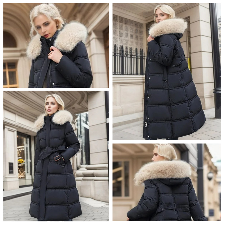 Long Faux Fur Coat with Quilted Puffer Insulation Fur-Trimmed Hood Matching Belt