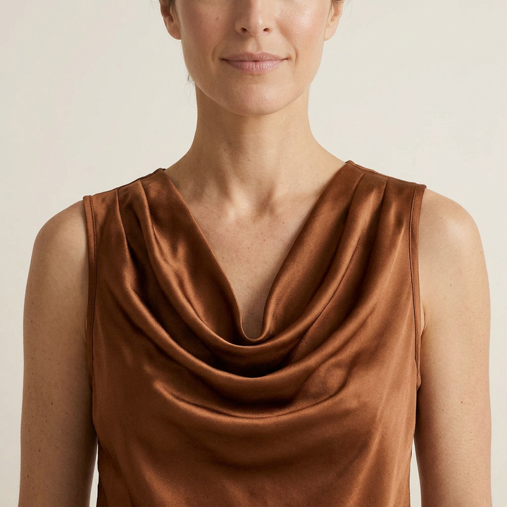 Women's Satin Top Sleeveless Cascade Neckline Flowing Fit