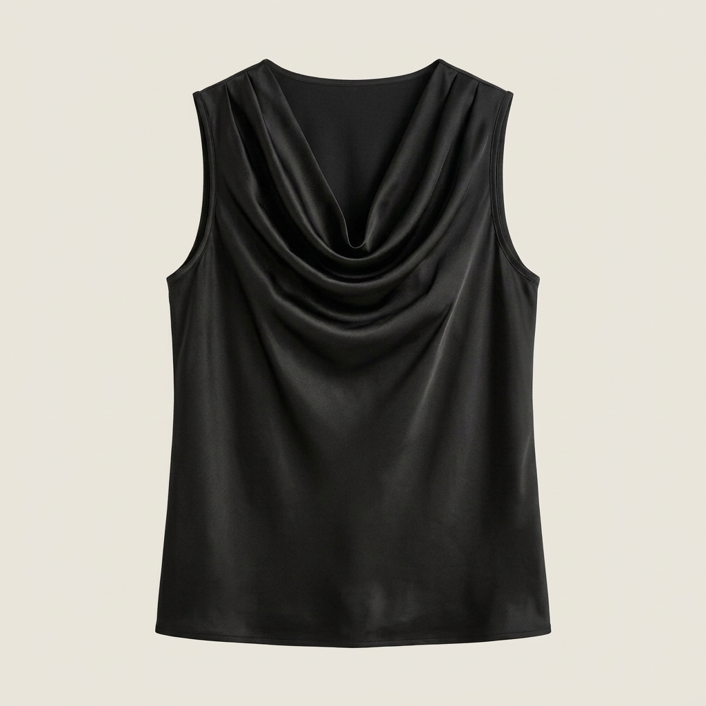 Women's Satin Top Sleeveless Cascade Neckline Flowing Fit