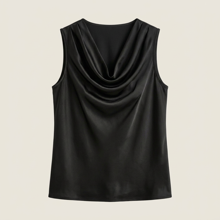 Women's Satin Top Sleeveless Cascade Neckline Flowing Fit