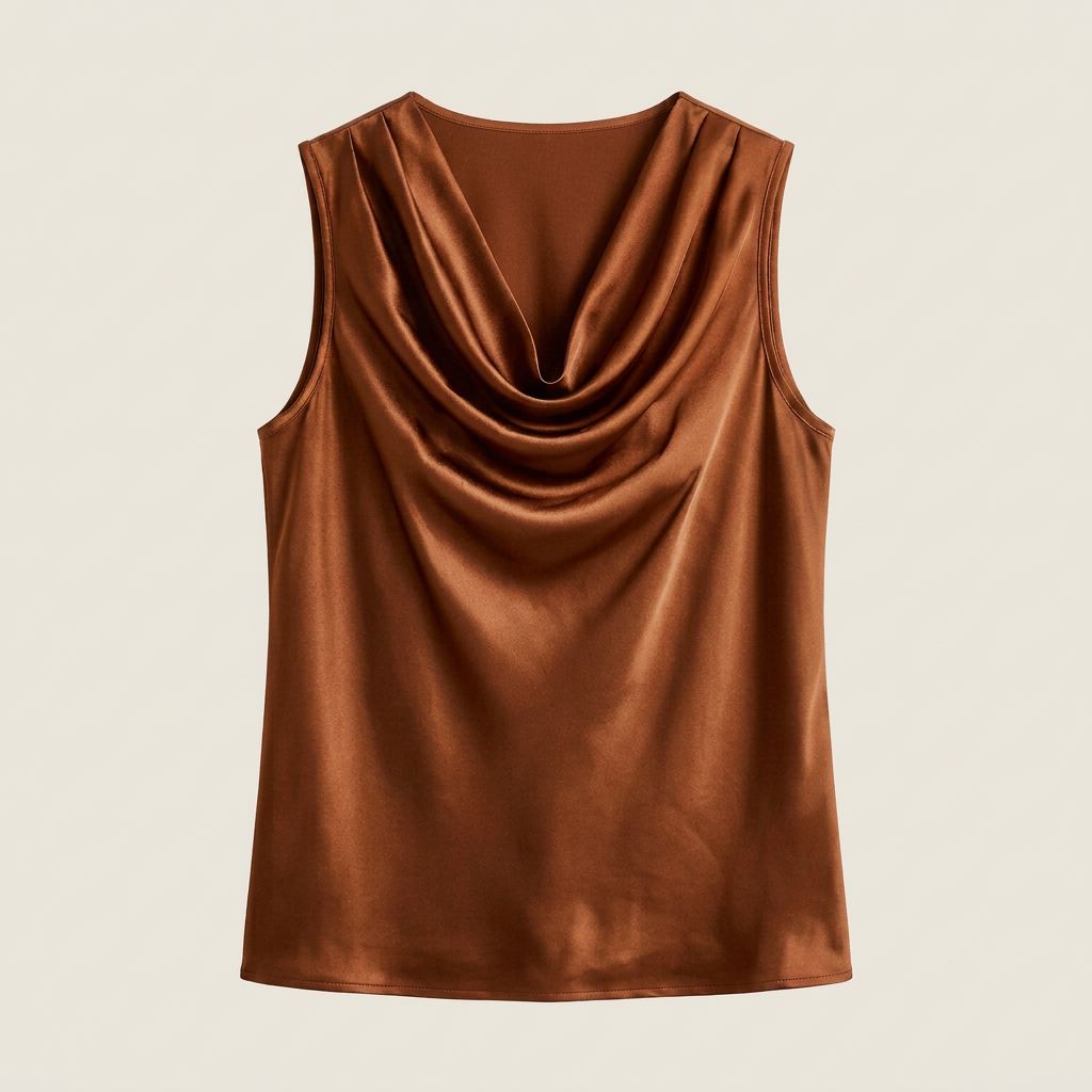 Women's Satin Top Sleeveless Cascade Neckline Flowing Fit