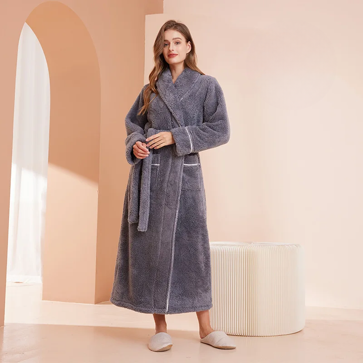 Men's and Women's Flannel Fleece Dressing Gown - Warm Winter Robe with Belt and Shawl Collar