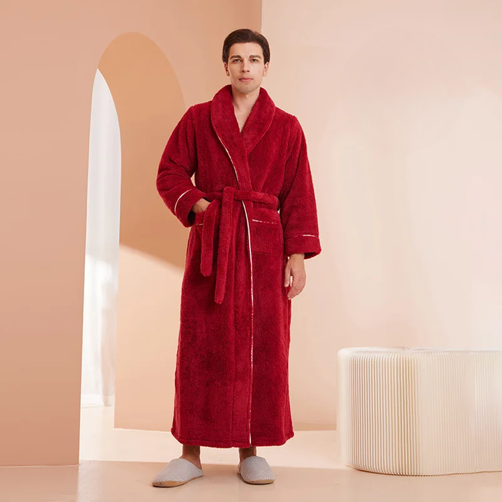 Men's and Women's Flannel Fleece Dressing Gown - Warm Winter Robe with Belt and Shawl Collar
