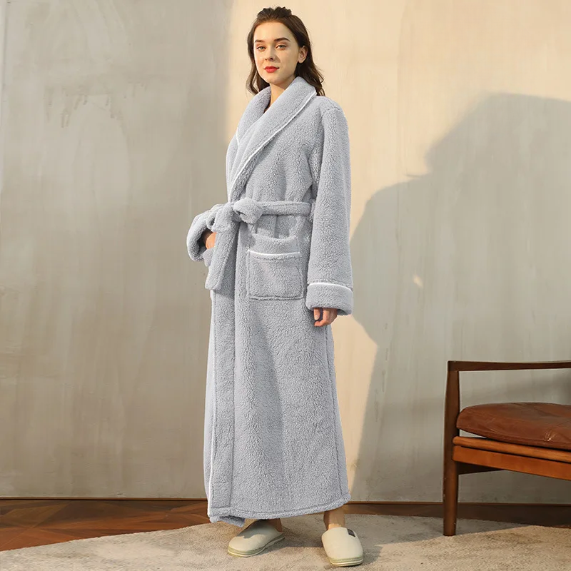 Men's and Women's Flannel Fleece Dressing Gown - Warm Winter Robe with Belt and Shawl Collar