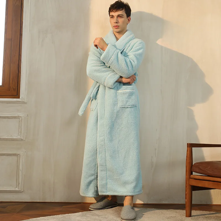 Men's and Women's Flannel Fleece Dressing Gown - Warm Winter Robe with Belt and Shawl Collar