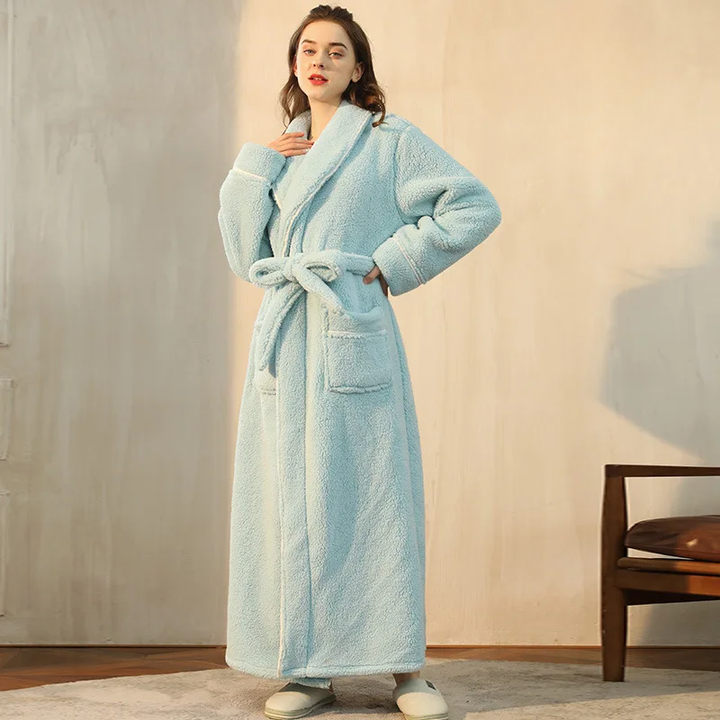 Men's and Women's Flannel Fleece Dressing Gown - Warm Winter Robe with Belt and Shawl Collar