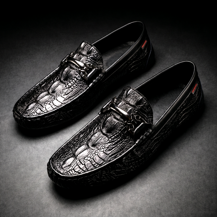 Men's Dress Shoes Loafers with Croc Embossed Leather and Metal Bit Detail