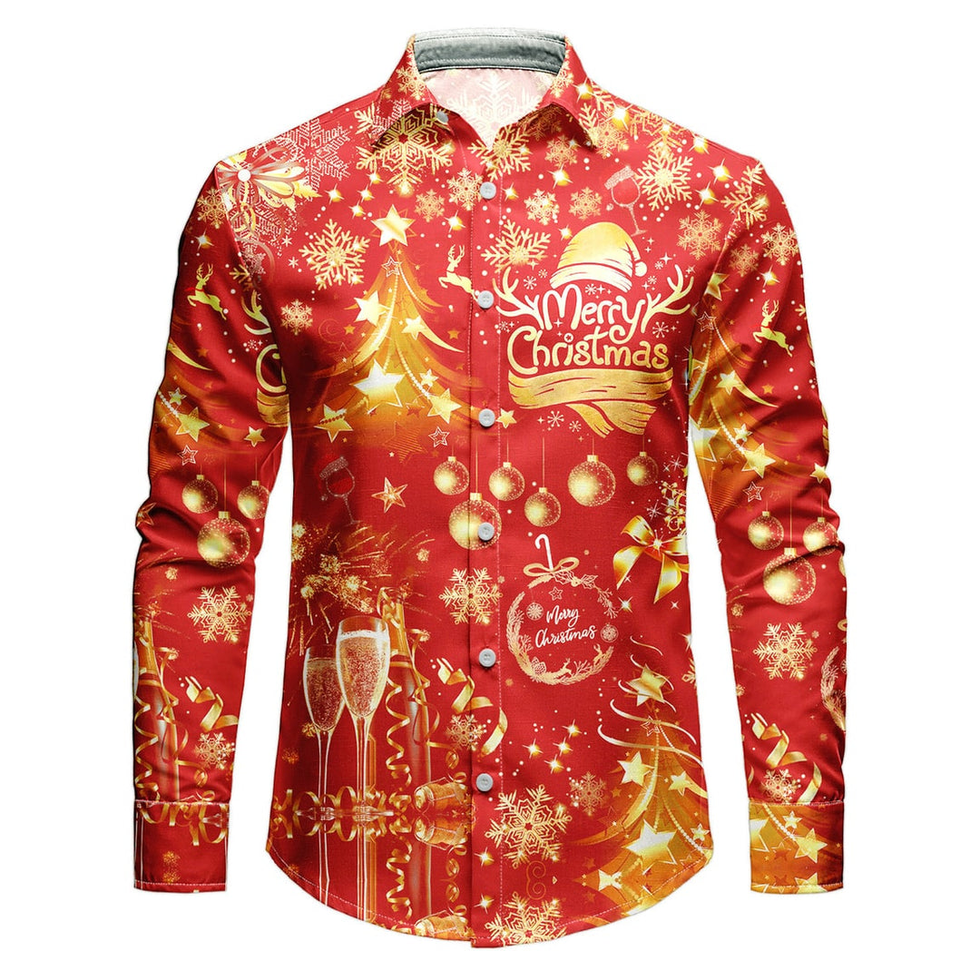 Men's White Button Up Christmas Shirt with Holiday Print and Spread Collar
