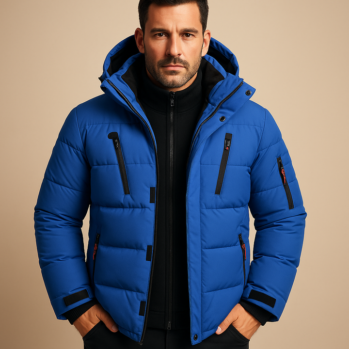 Men's Winter Jacket Hooded Puffer with Quilted Design and Multiple Zip Pockets