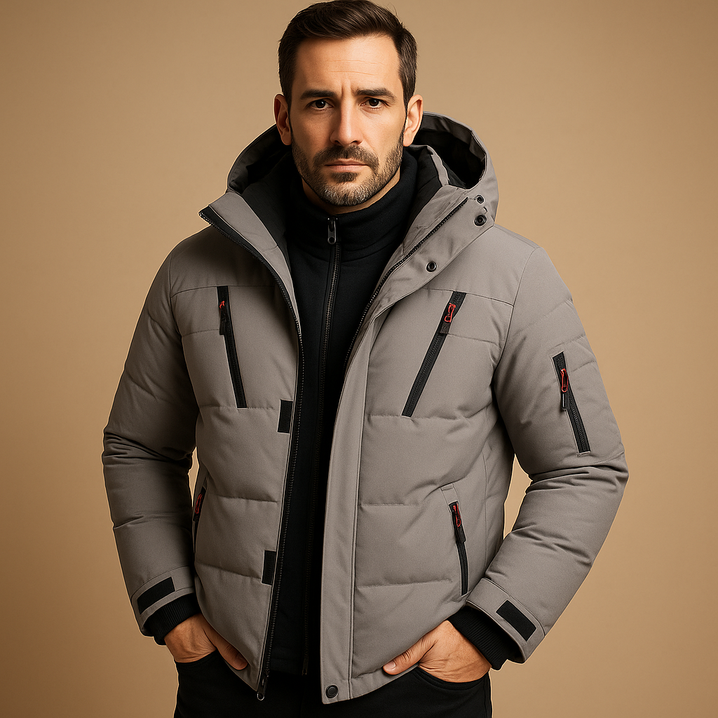 Men's Winter Jacket Hooded Puffer with Quilted Design and Multiple Zip Pockets