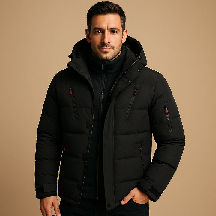 Men's Winter Jacket Hooded Puffer with Quilted Design and Multiple Zip Pockets