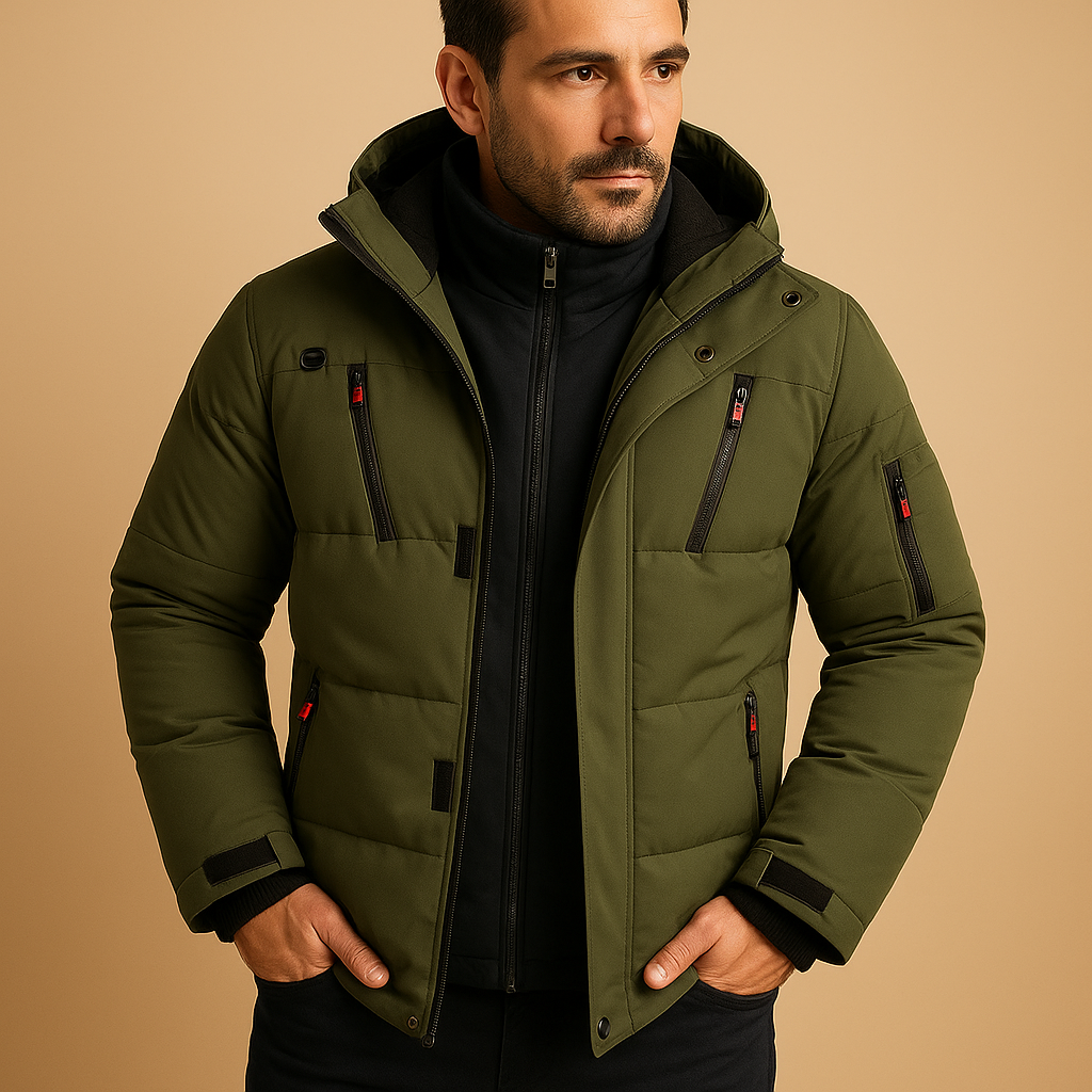 Men's Winter Jacket Hooded Puffer with Quilted Design and Multiple Zip Pockets