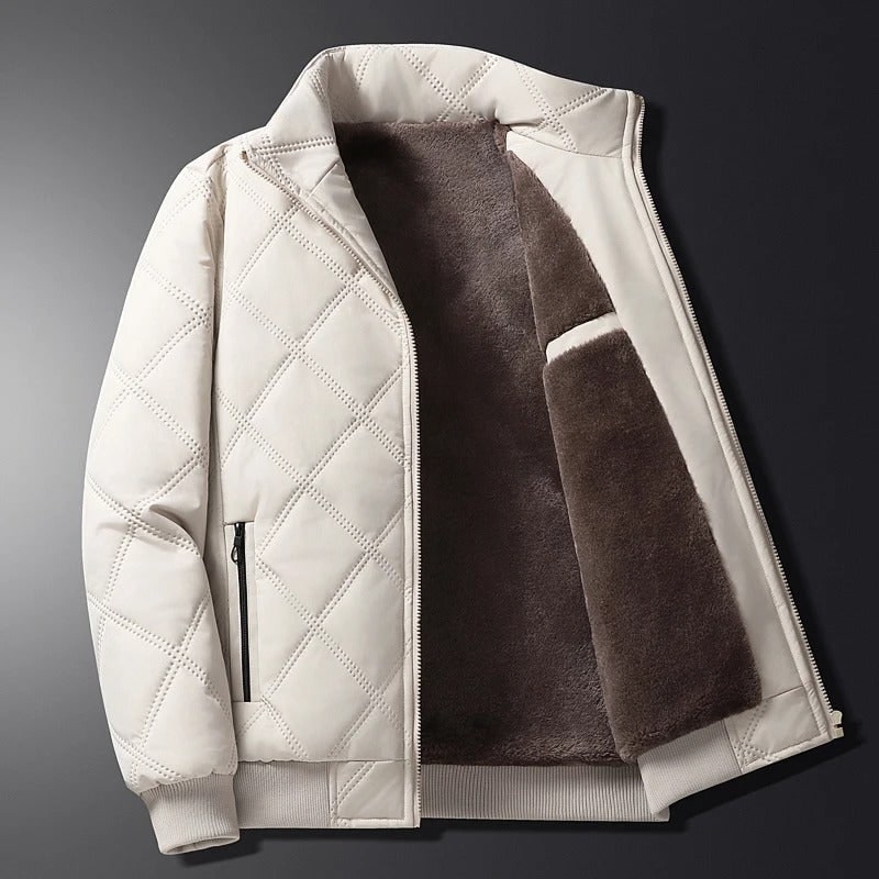 Men's Winter Jacket with Diamond-Quilted Shell and Fleece Lining Stand Collar