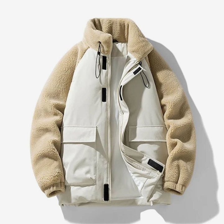 Men's Winter Jacket with Sherpa Fleece Sleeves and Color-Block Design