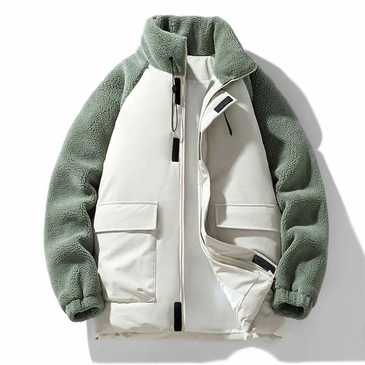 Men's Winter Jacket with Sherpa Fleece Sleeves and Color-Block Design