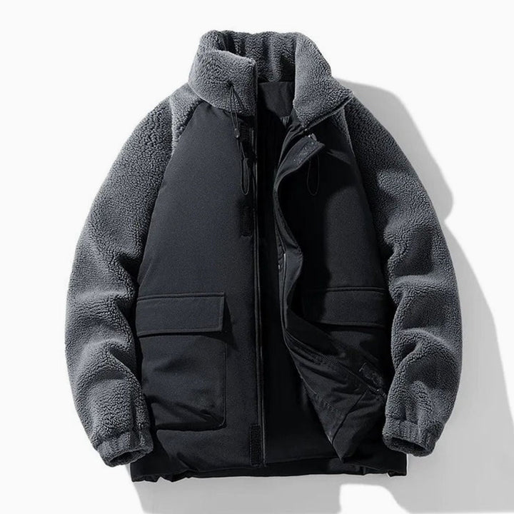 Men's Winter Jacket with Sherpa Fleece Sleeves and Color-Block Design