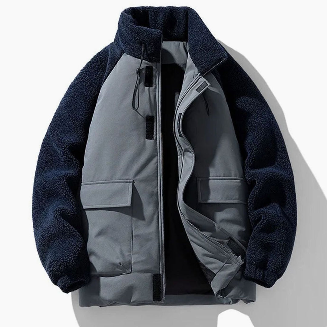 Men's Winter Jacket with Sherpa Fleece Sleeves and Color-Block Design