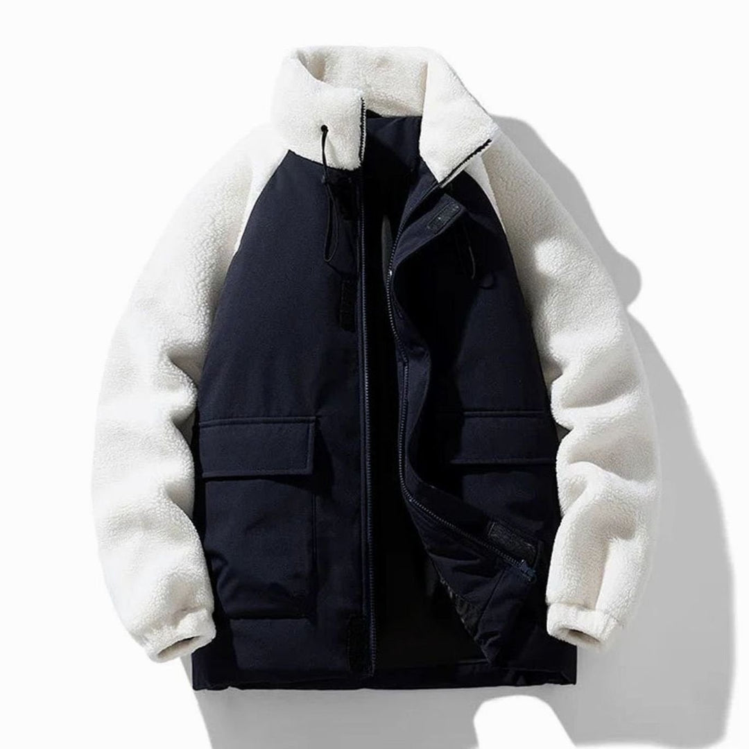 Men's Winter Jacket with Sherpa Fleece Sleeves and Color-Block Design
