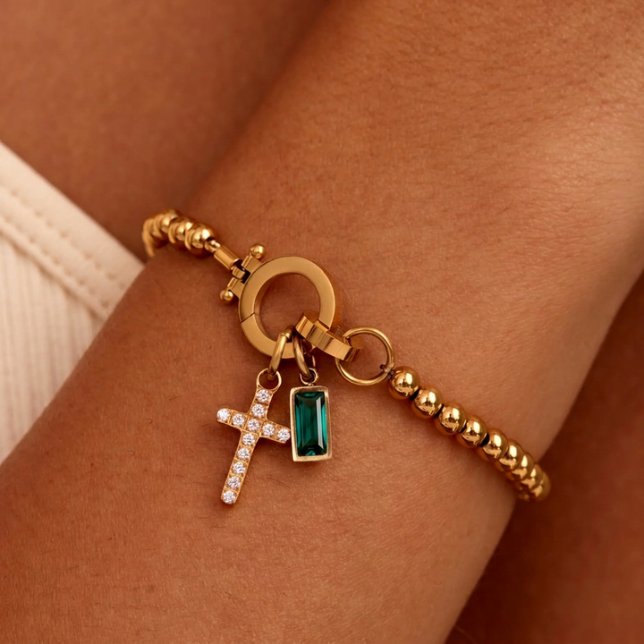 Nova Bead Birthstone Bracelet with Cross Pendant