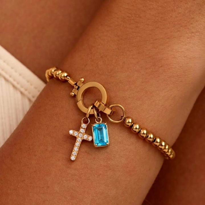 Nova Bead Birthstone Bracelet with Cross Pendant