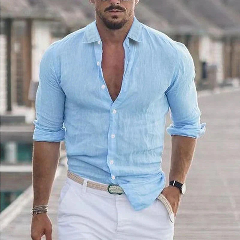 Men's Long Sleeve Button-Up Shirt with Turn-Down Collar