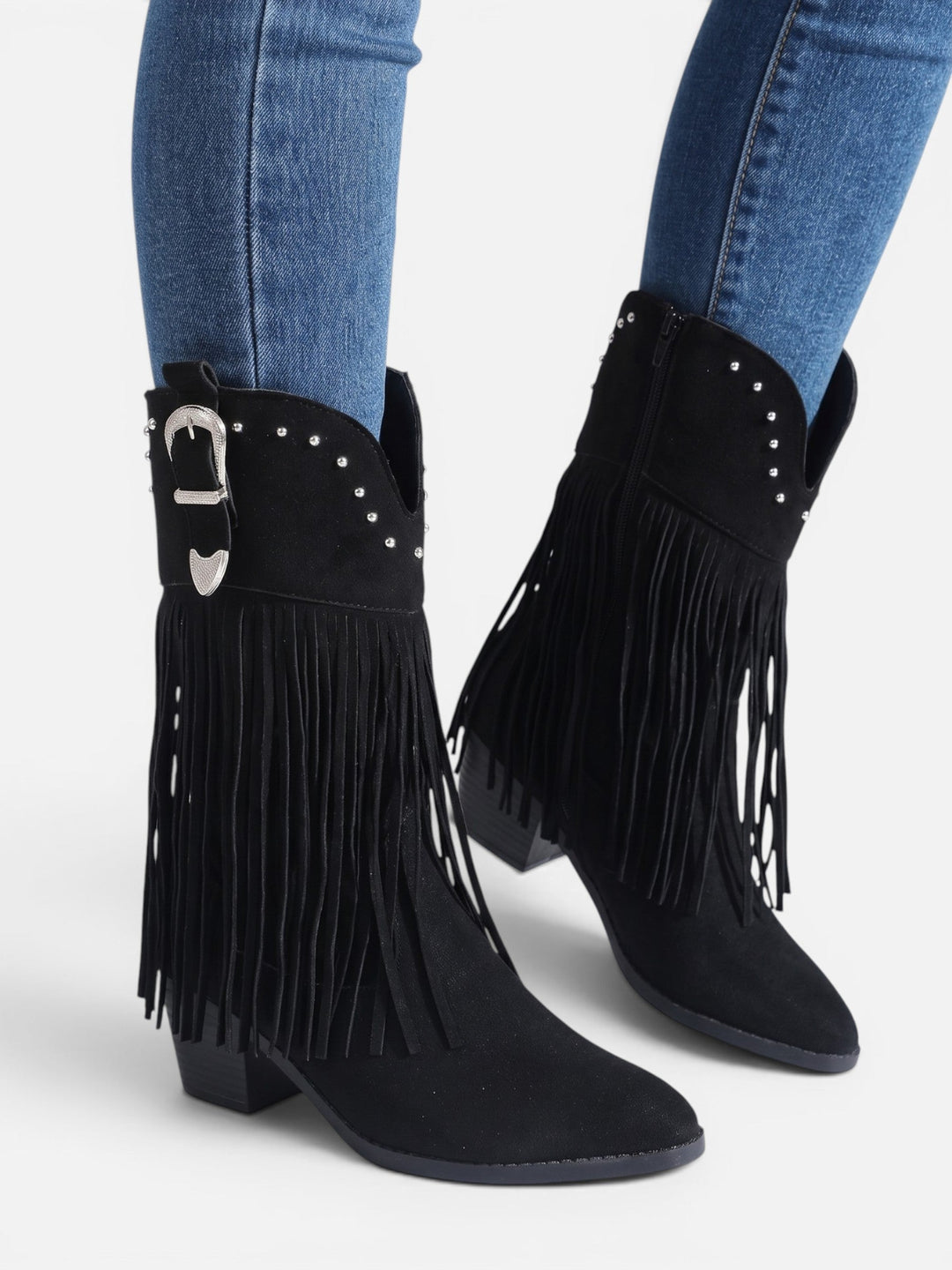 Women's Faux Suede Fringe Cowboy Boots with Studs
