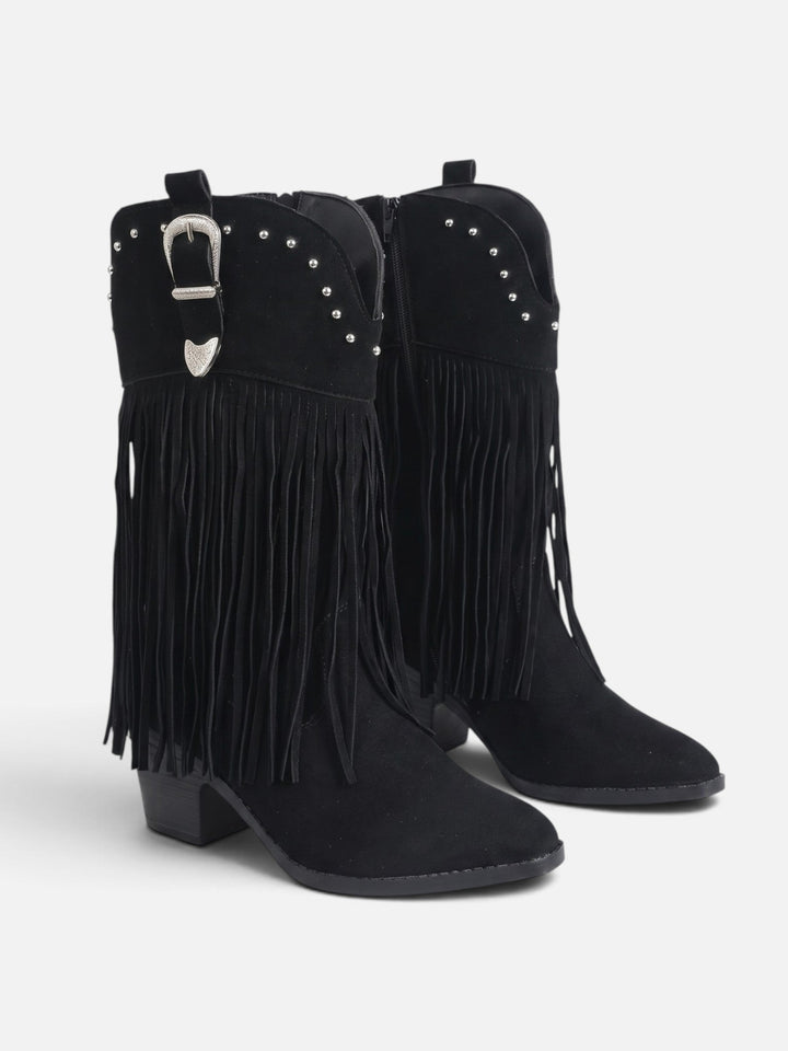 Women's Faux Suede Fringe Cowboy Boots with Studs