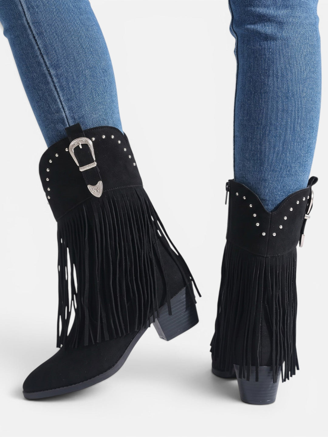 Women's Faux Suede Fringe Cowboy Boots with Studs