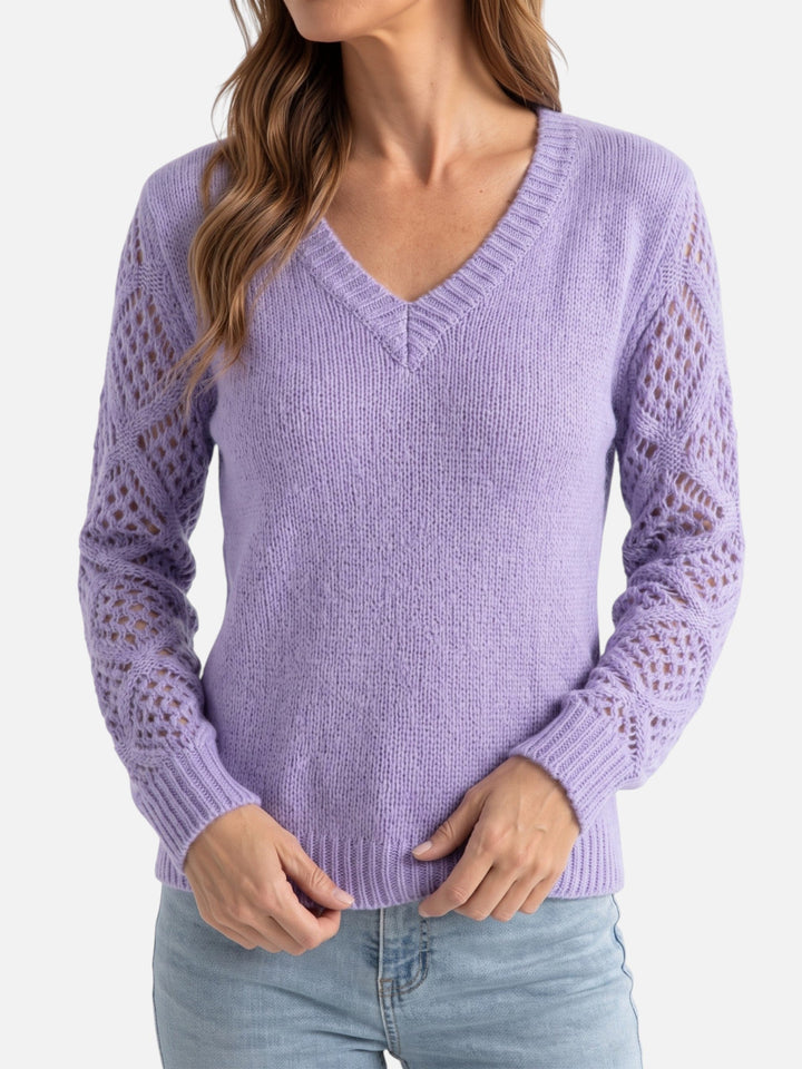 Women's V-Neck Crochet-Style Knit Sweater