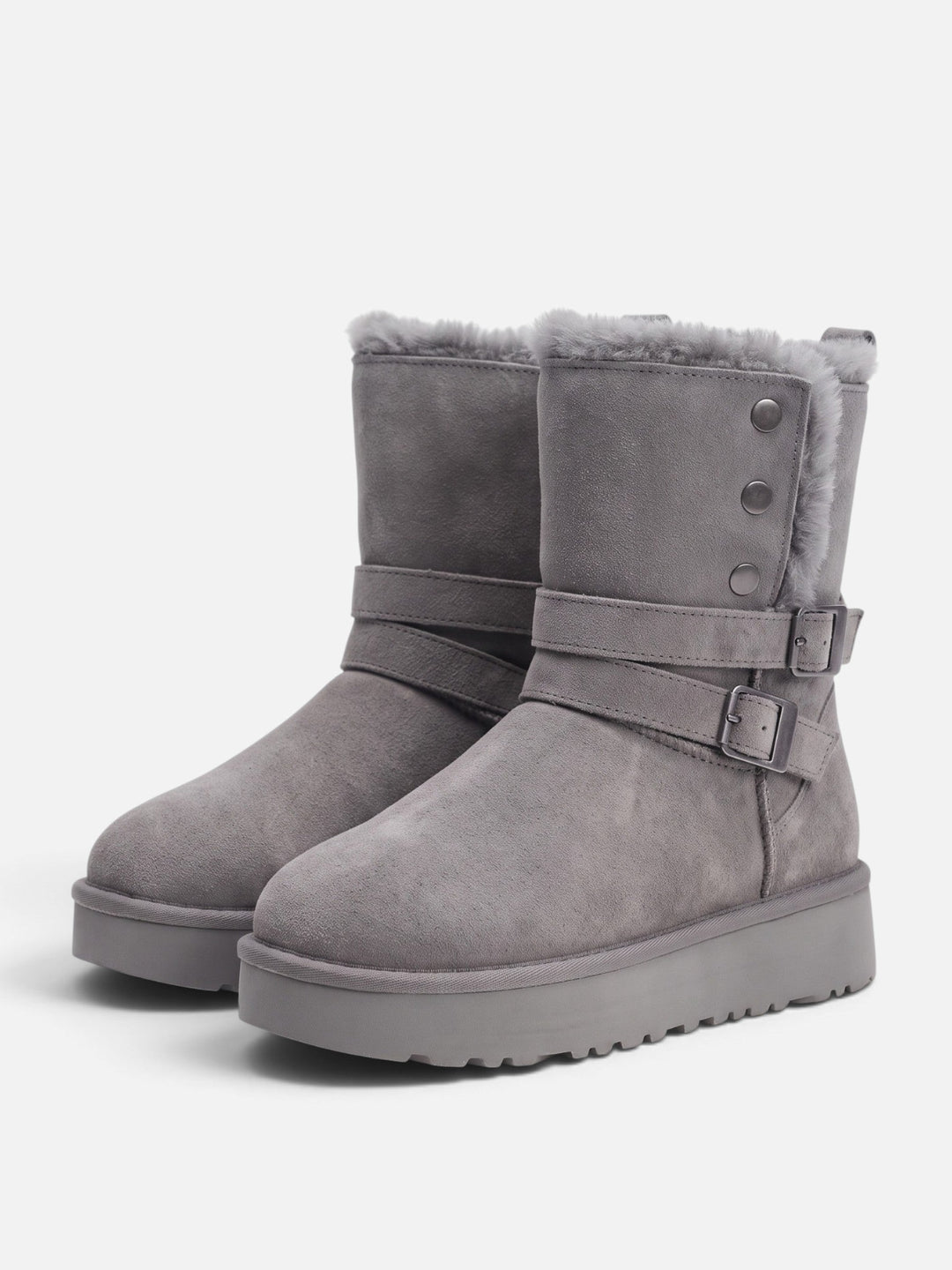 Women's Faux Suede Buckle Ankle Boots with Faux Fur
