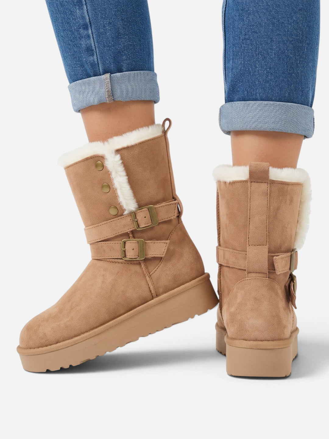 Women's Faux Suede Buckle Ankle Boots with Faux Fur