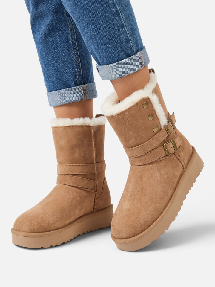 Women's Faux Suede Buckle Ankle Boots with Faux Fur