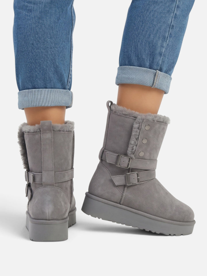 Women's Faux Suede Buckle Ankle Boots with Faux Fur