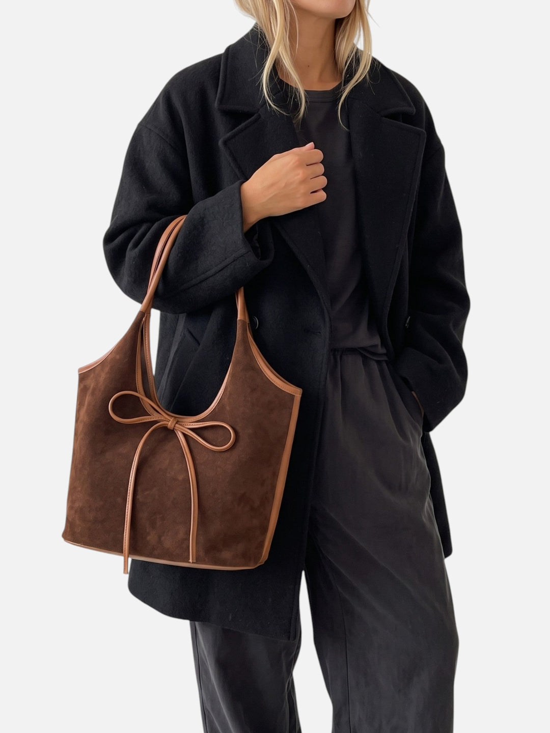 Women's Faux Suede Shoulder Bag with Bow Detail