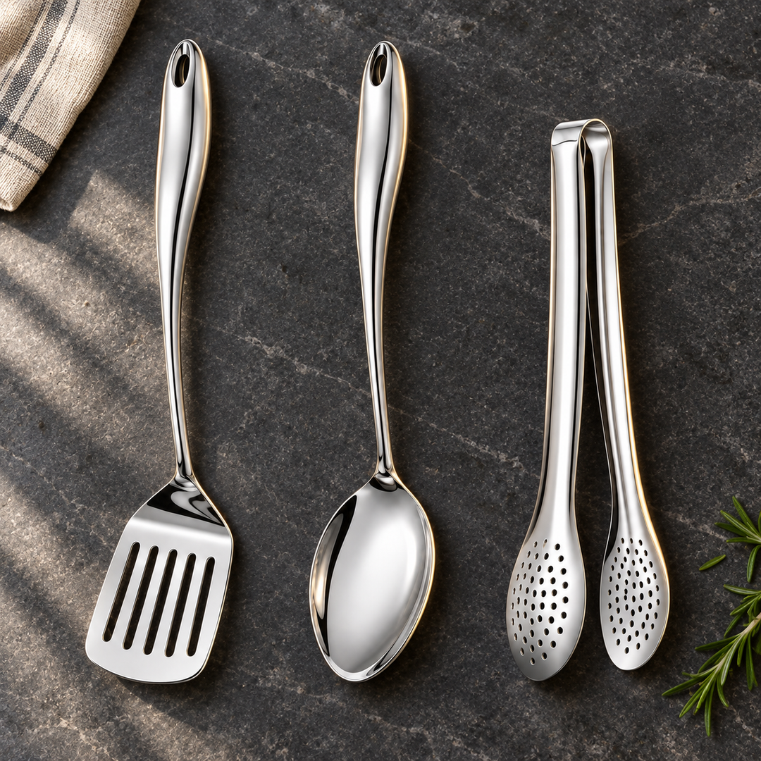 Stainless steel kitchen utensil set with curved handles, 3 to 11 pieces