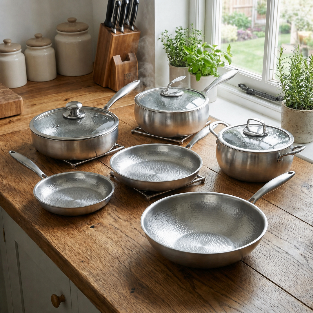 Hand-Hammered Titanium Cookware Set with 3 Lids (10, 11 and 12 inch)